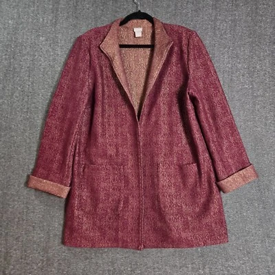 Chico's 2 Jacket Womens Large Red Gold Jacquard Open Front Blazer Longline Knit - Image 1 of 4