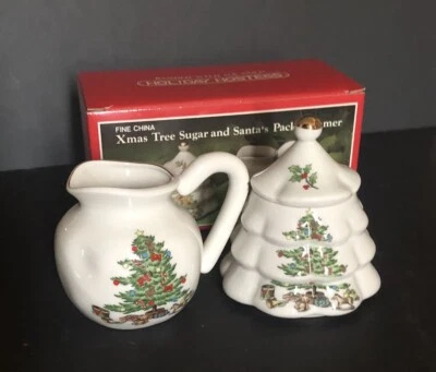 Conjunto de azúcar y crema cubierto de árbol de Navidad de anfitriona de vacaciones vintage Japón Foto 1 de 4