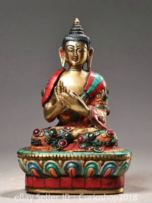 6.8" Tibetan Buddhism Copper Inlaid Turquoise Shakyamuni Amitabha Buddha Statue - Image 1 of 4