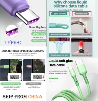 GEL LIQUID SILICONE FAST charging USB TYPE-C Cable phone Charger cord Type C NEW - Image 1 of 4