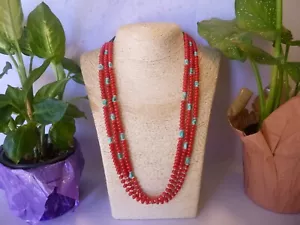 Coral & Turquoise 925 Native American Navajo Southwestern Multi Strand Necklace - Picture 1 of 9