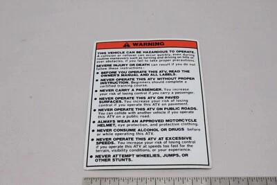 Nos Oem Genuine Suzuki ATV Warning Decal 3" x 5" - Image 1 of 2