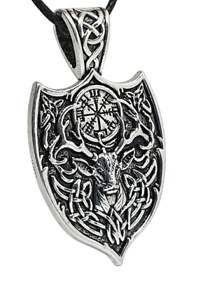 Viking Stag Vegvisir Necklace Pendant Norse Stag Cernunnos Herne Heathen Cord - Image 1 of 4