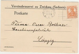 Postcard German Empire, 1917. Zwickau to Leipzig. Vereinsbrauerei Zwicka - Picture 1 of 3