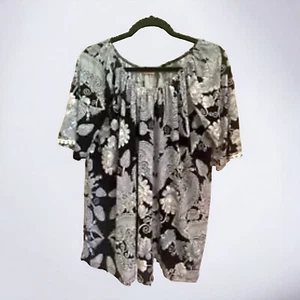 SJS Peasant Blouse Women 1X Off Shoulder Navy White Fringe Trim Boho Top - Picture 1 of 10