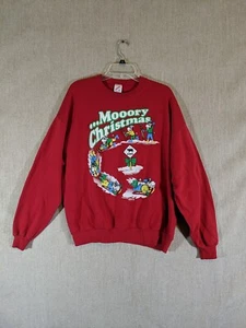 90's Mooo-ry Christmas Jerzees VTG Sweatshirt Red XL Cotton Cows Sledding Winter - Picture 1 of 12