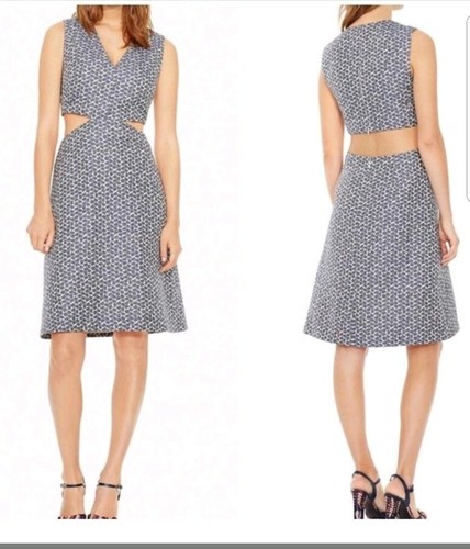 Abito Tory Burch blu navy panna tessera ginocchio lino taglia 8 $495