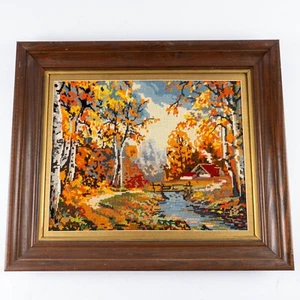 Vintage Cross-Stitch Autumnal Country Scene Large Framed - Picture 1 of 9
