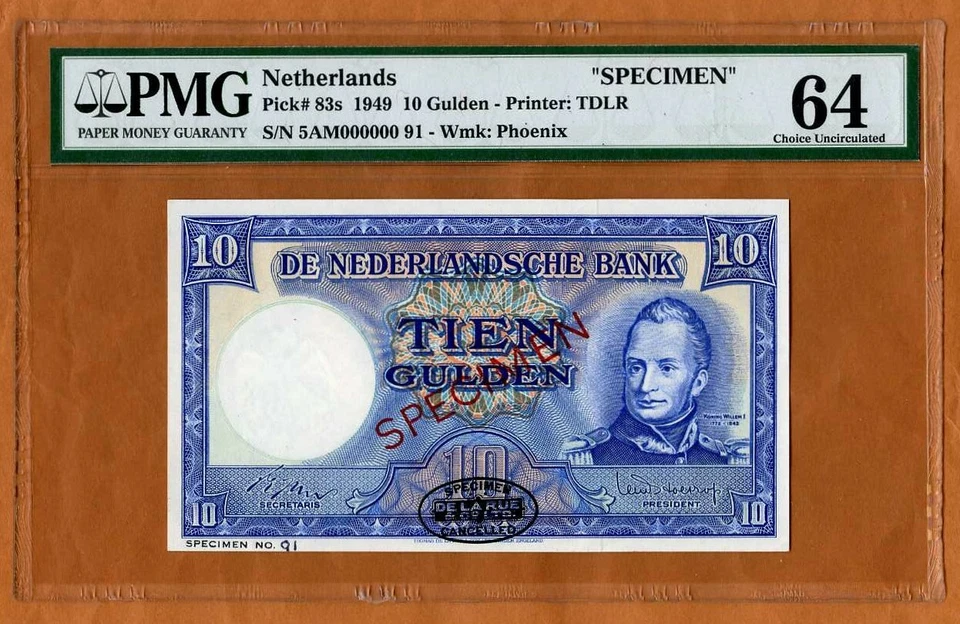 Muestra, Países Bajos, 10 florines, 1949, P-83s, PMG-64, TDLR, elección UNC Foto 1 de 2