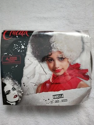 AUTÉNTICA PELUCA DISNEY Cruella blanco y negro disfraz de pelo rizado 101 Dalmations nueva en caja Foto 1 de 3