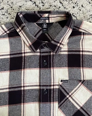 Volcom Plaid Flannel Shirt Long Sleeve Black White Mens Large Modern Fit Casual - Image 1 of 4