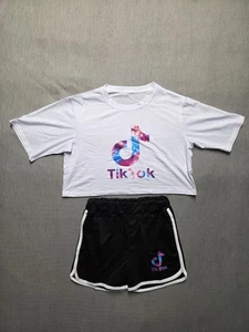 Girls Crop Top & Athletic Shorts Set Sz M White Black Cotton Polyester Summer - Picture 1 of 8