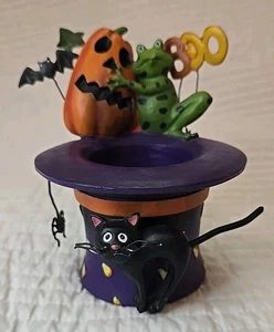 Adorable Halloween Magician Hat Candle Holder With Cat And Frog - Picture 1 of 8