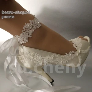 su.cheny 3" 4" heel satin white ivory lace ribbon open toe Wedding Bridal shoes - Picture 1 of 12