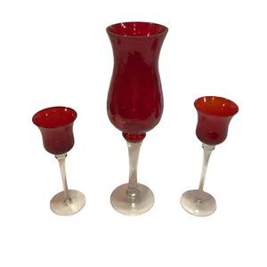 Set Cranberry Clear Crystal Glass Tall Wine Goblets Clear Stems - Picture 1 of 11