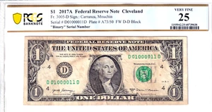 2017-A $1 FRN PCGS VF 25 Fancy TRUE 0/1 BINARY Serial #D01000011D - Picture 1 of 2