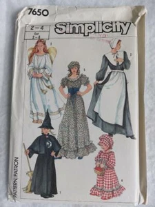 Patrones de disfraces de peregrino, ángel, bruja y criada para niños Simplicity 7650 talla 2-4 1986 - Imagen 1 de 2