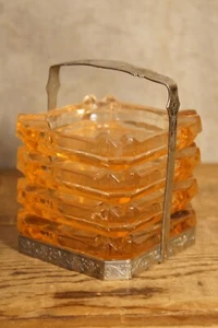 Antique Art Deco Pink Colored Floral Depression Glass Ashtray Set in Holder - Picture 1 of 8