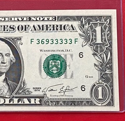 1974 $1 Dollar Fancy Serial Number Lucky 33333-5 In A Row (ATLANTA F ) UNC - Image 1 of 3