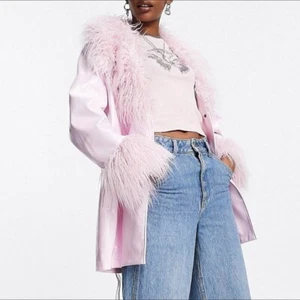 ASOS faux leather jacket with faux fur collar in pink - Picture 1 of 3