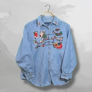 Vintage Karen Scott Denim con bottoni manica lunga ricamato Natale Babbo Natale XL - Foto 1 di 7