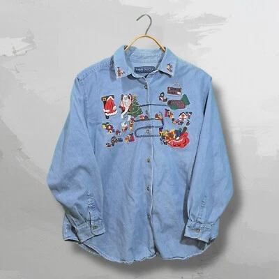 Vintage Karen Scott Denim Button-up LongSleeve Embroidered Christmas Santa XL - Image 1 of 4