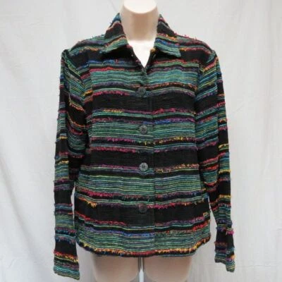 Chaqueta Coldwater Creek Negra Multicolor Rayas Deshilachadas Pettit Talla PM Foto 1 de 4