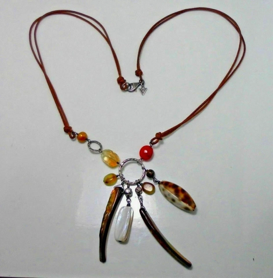 Colar de pérolas Silpada 925 prata couro concha citrino cornalina jade N1495 - Imagem 1 de 1