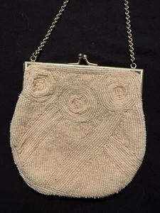 Vintage Antik Perlen Abendtasche Tasche Kleingeld Elfenbein Saatperlen Goldrahmen - Bild 1 von 5