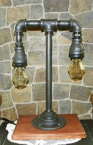 Industrial Pipe steampunk style two tier home, desk,Table lamp/ Nostalgic Bulbs - Picture 1 of 2