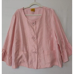 Ruby Rd Woman Pink Button Front Satin Jacket Ruffle Cuff Career Casual Top 18W - Picture 1 of 8