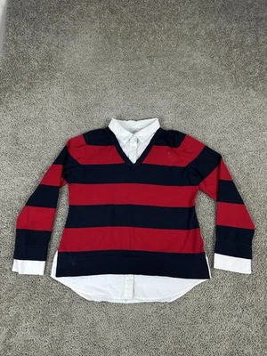 Tommy Hilfiger Suéter Mujer Mediano Azul Marino Rojo Rugby Rayas Cuello en V Camisa en Capas Foto 1 de 4