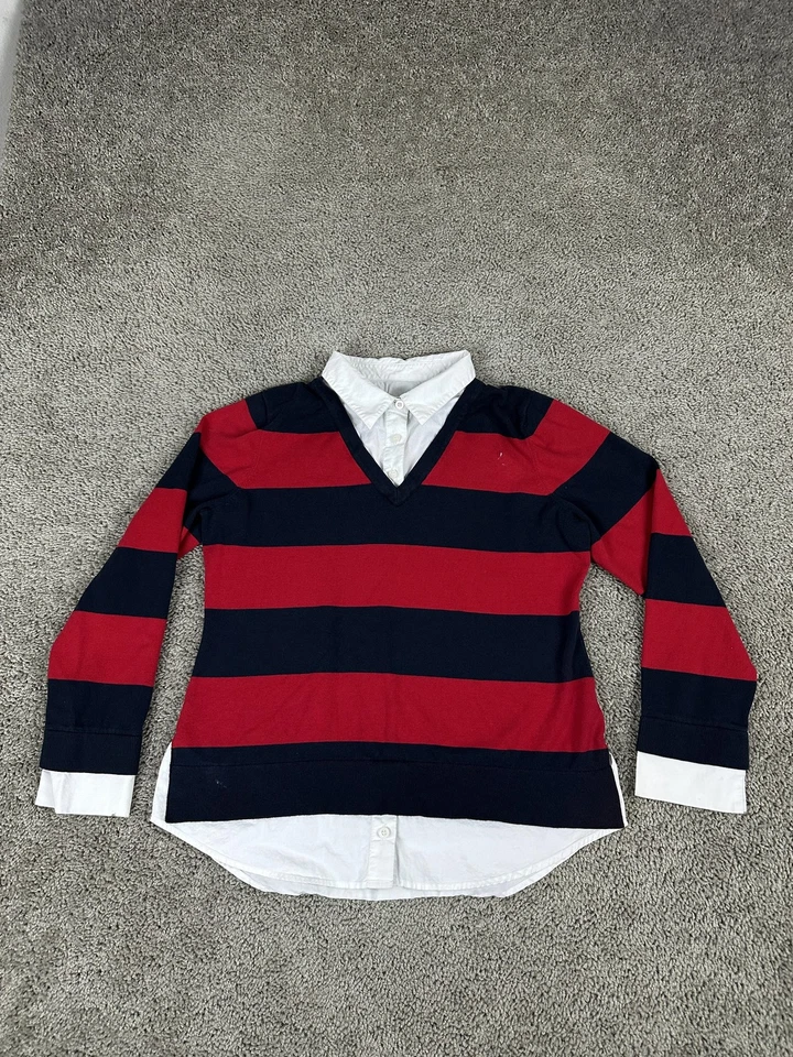 Tommy Hilfiger Suéter Mujer Mediano Azul Marino Rojo Rugby Rayas Cuello en V Camisa en Capas Foto 1 de 4