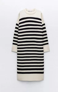 ZARA NAVY ECRU WOOL BLEND OVERSIZED STRIPED LONG KNIT DRESS SIZE S - Picture 1 of 11