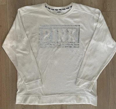 Victoria’s Secret ROSA Bling Lentejuelas Logo M Cuello Redondo Sudadera Blanca/Crema 2016 Foto 1 de 4