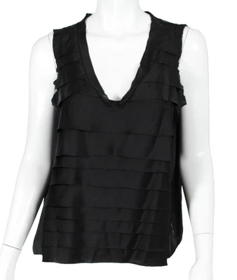 Blusa LANVIN Ete 2007 negra satinada detalle borde crudo en capas frontal cuello redondo L Foto 1 de 4