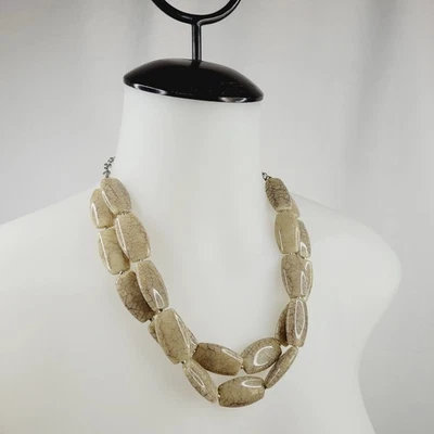 Collar Doble Hilo Cuentas Tostado Taupe Neutro Acrílico Lucite Grueso Crackle Foto 1 de 4