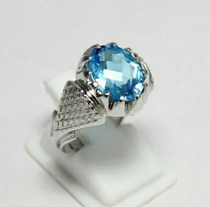 Natural Blue Topaz Gemstone 18k White Gold Men's Ring Valentine Day Gift #2828 - Picture 1 of 4