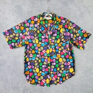 Vtg 80s Karen Scott Womens Button Up Shirt Sz L Black Purse Handbag Print Cotton - Picture 1 of 22