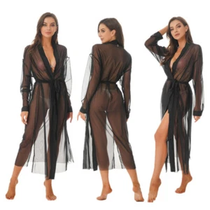 Womens Mesh See-through Night-Robe Casual Long Sleeve Nightwear Beach Cover Ups - Picture 1 of 22