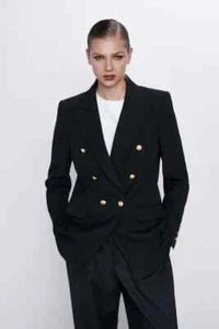 RARE GENUINE ZARA BLACK DOUBLE BREASTED JACKET BLAZER GOLD BUTTONS SMALL S - Picture 1 of 4