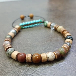 Mens Wood Stone Glass Beaded Bracelet Surfer Prayer Meditation Charm Beads Gift - Picture 1 of 4