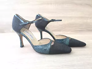 JIMMY CHOO LONDON grau Flanell & türkis Krokodilleder Knöchelriemen Heels Gr. 38 - Bild 1 von 19