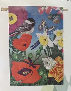 Chickadee Butterflies Floral Garden Flag Poppies Dragonfly Bird 29”x43” - Picture 1 of 4
