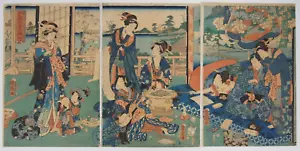 Kunichika Woodblock Print Triptych: Genji's Spring Ramblings 1864 Ukiyo-e Cat - Picture 1 of 17