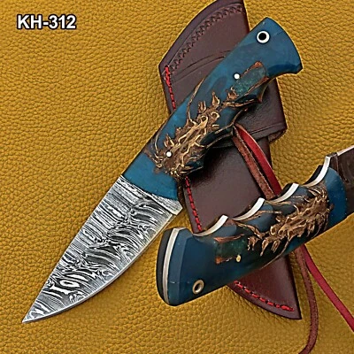 Lote de 4 cuchillos de camping de caza de acero damasco hechos a mano funda de cuero de piña Foto 1 de 4