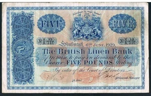 BRITISCHE LEINENBANK SCHOTTLAND BANKNOTE 5 P152 06.06.1929 GVF - handsigniert - Bild 1 von 2