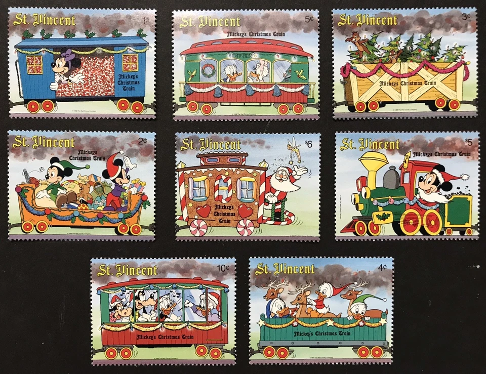 JUEGO DE SELLOS DE TREN DE NAVIDAD DE SAN VINCENT DISNEY MICKEY 8V 1988 MNH SANTA GOOFY 1 Foto 1 de 1