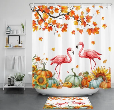Yellow Floral Pink Flamingo Fall Pumpkin Shower Curtain Bathroom Accessories Set - Image 1 of 4