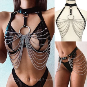 Leather Harness Goth Crop Top Body Chain Bra  Choker Collar Punk Chain Jewelry - Picture 1 of 15